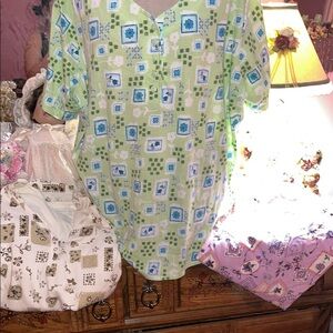 LOT OF 3 Green, Purple and Cream/Tan Floral Patterned Blouse